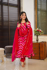 PINK RED COLOURED  WOMEN'S MUSLIN EMBROIDERED  KURTA WITH PANT DUPATTA SET